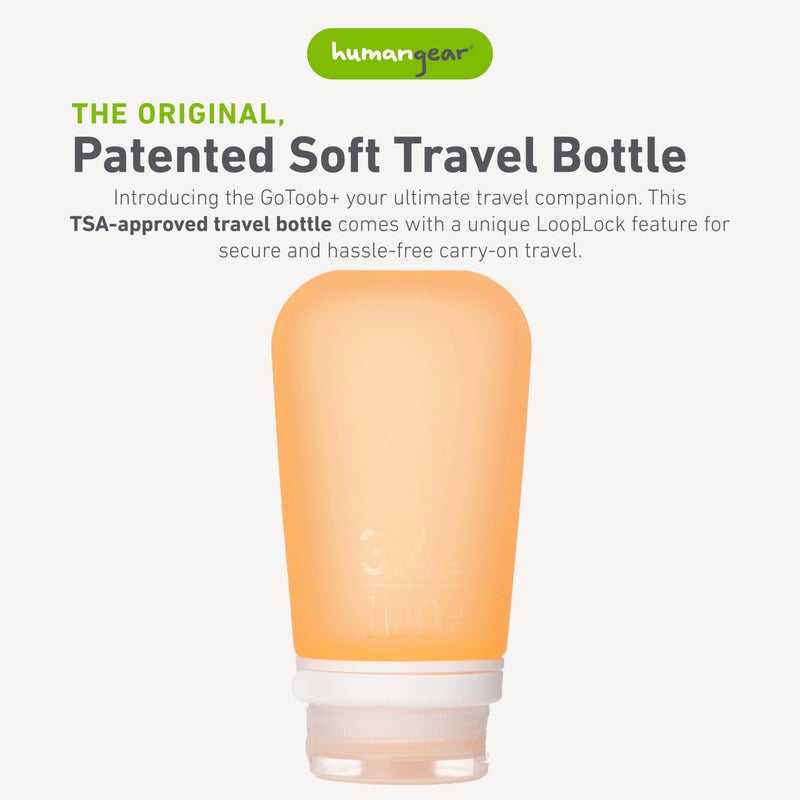 humangear GoToob+ (Large) | Refillable Silicone Travel Bottle | Locking Lid | Food-Safe Material | Orange, Large (3.4 fl.oz.; 100ml) - Image 2